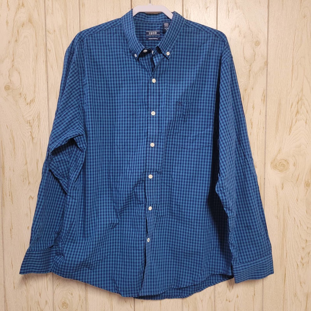 Izod Blue Checkered Button Down Collared Long Sle… - image 1